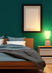 cadre vierge accroché sur un mur bleu canard a côté d'un lit dans une chambre à coucher, format potrait - mockup	
