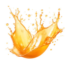 Tuinposter Orange juice splash isolated on transparent background, fruit juice crown splash wave swirl with drops, Shiny yellow liquid splashing fluids droplets, design element fresh clear beverage, © Prasanth