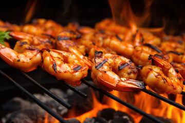 hot grilled shrimps skewers on the grid