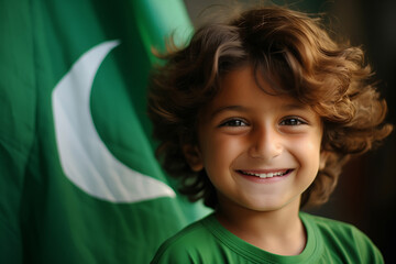 Portrait happy child boy on background Pakistan flag. Unity and Independence Day concept - obrazy, fototapety, plakaty