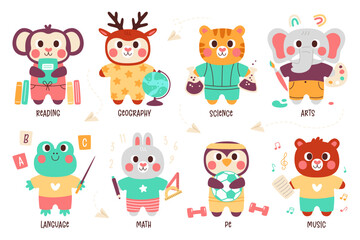 Cute animals characters back to school to study different educational subjects vector illustration