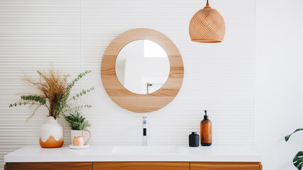 Scandinavian Bathroom interior. Modern White sink on wood counter with round mirror and flowers
