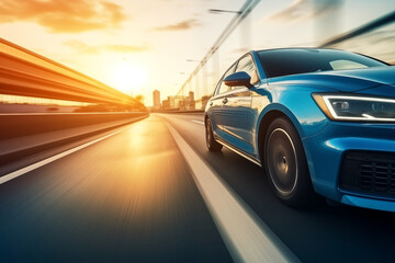 Fototapeta na wymiar Sundown Elegance: Fast-Moving Blue Car with Sunset Background. Ai generative