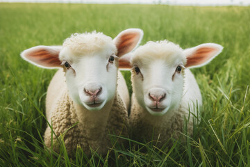 Obraz premium Pastoral Harmony: Two Sheep Grazing in a Green Field. Ai generative