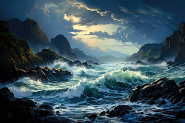 sunrise over the sea rugged coastal cliffs with waves crashing below - obrazy, fototapety, plakaty