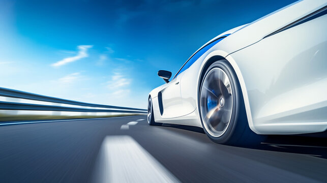 White Sports Car Speeding on the Road under a Blue Sky. Ai generative