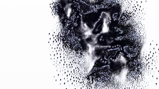 3d render of abstract art video animation with surreal virus bacteria organism in growth deformation transformation process based on small balls spheres particles in black dark blue and grey mix color