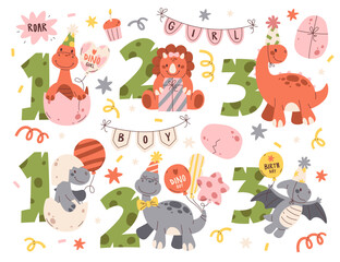 Cute little figure of dinosaurs with birthday numbers and decoration set vector illustration