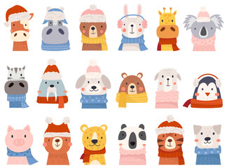 Animals character wearing warm winter hats and scarves accessories isolated set vector illustration