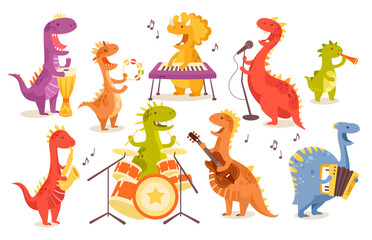 Cute dinosaurs playing music singing song using different musical instrument set vector illustration