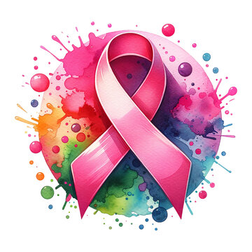A breast cancer awareness ribbon surrounded by a vibrant splash of watercolor hues