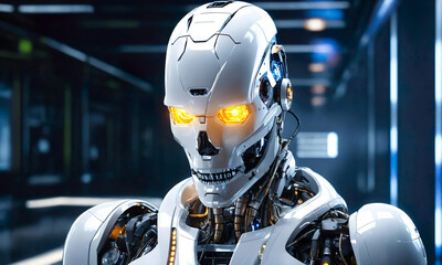 Fototapeta premium Cyborg male. Cyborg head. Cybernetic organism. Mechanical robot. Future technologies. Artificial intelligence. robot face. android man. future technology, computer technology, humanoid. Generative ai