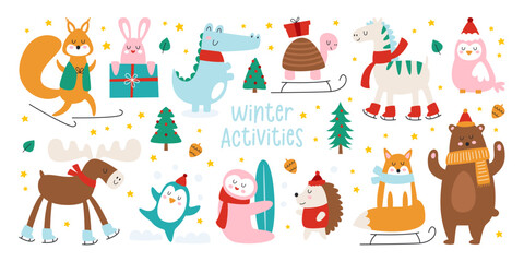 Cute animal characters enjoying winter activities having fun outdoors skiing, ice skating, sledding