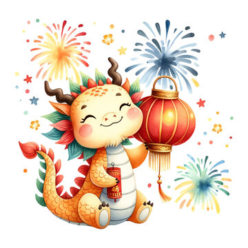 A cheerful cartoon dragon with a Chinese lantern and fireworks in the background, symbolizing celebration and happiness