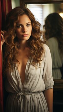Fashion interior vertical photo of beautiful sensual sexy woman with curly hair in elegant dress against mirror.