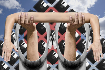 Digital collage in surrealism style with heads, hands of a man and floppy disk on background