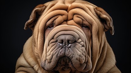 A Shar Pei, captured in a portrait, emanates a sense of tranquility, with a wrinkled coat, a sturdy