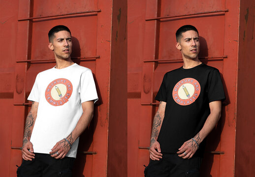 Mockup of man wearing t-shirt with customizable color and design by ladder