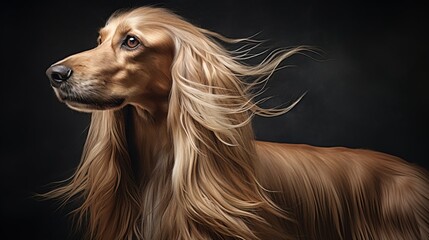 The Afghan Hound's portrait is a symphony of grace, capturing the breed's regal appearance, long fl