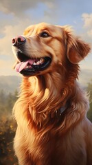 The Golden Retriever's portrait showcases a harmonious blend of grace and enthusiasm, with a glossy