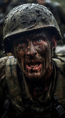 Obraz premium The horror of war is vivid in a man's eyes, reflecting the chilling fear of the military