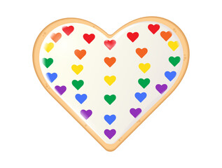 Heart-shaped cookie decorated with white confectionery icing and a pattern of hearts in rainbow colors on a transparent background. Symbol of love, freedom, LGBT, pride