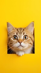A cardboard-framed view: cat looking on against a colored background