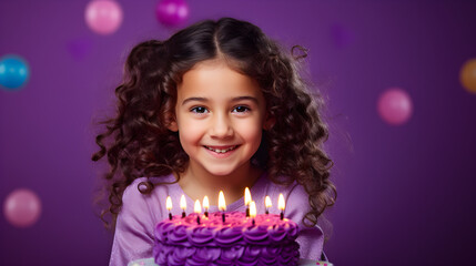 banner of happy little girl with purple birthday cake with candels on purple background
