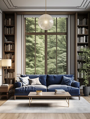 Elegant Classic Home Interior with Blue Plush Blue Sofa, Bookshelfs and Sunlit Window