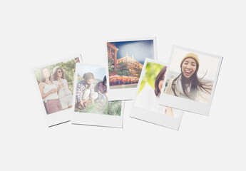 Mockup of five customizable instant camera prints with plain and transparent background