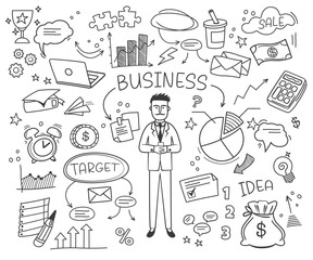 Hand drawn business doodle set with trophy award, finance goal, analysis diagram vector illustration