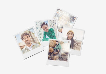 Mockup of five customizable instant camera prints with plain and transparent background