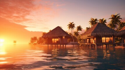 An overwater bungalow resort with thatched roofs at sunset. - obrazy, fototapety, plakaty