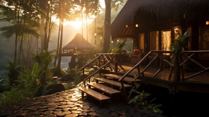 A bamboo eco-lodge in a lush rainforest at sunrise.