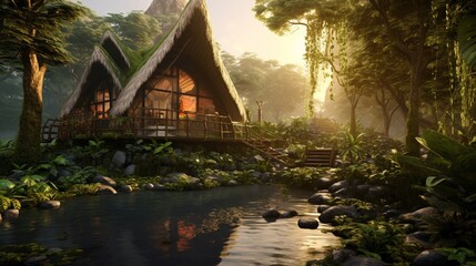Fototapeta premium A bamboo eco-lodge in a lush rainforest at sunrise.