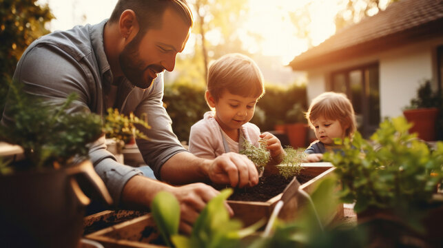 A happy family with children are gardening by caring for plants in their backyard.