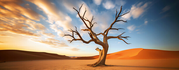 dead tree in desert at sunset, AI generated - Powered by Adobe