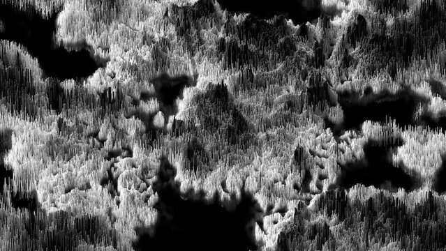 3d render of abstract art video black and white monochrome animation with surreal landscape hills and mountains with circle in the centre based on small rectangles boxes particles with noise effect
