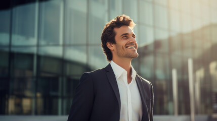 Fototapeta premium A happy professional business man looking city building.