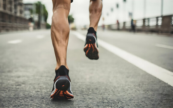 Close up athlete feet running on city road Generative AI