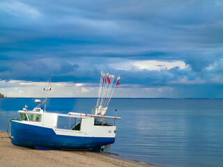 Fishing boat on a Baltic Sea coast in Mechelinki, Poland.