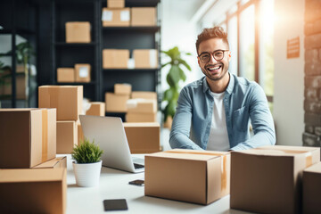 A happy man at the office preparing boxes and delivering sales. Concept of selling products online. - obrazy, fototapety, plakaty