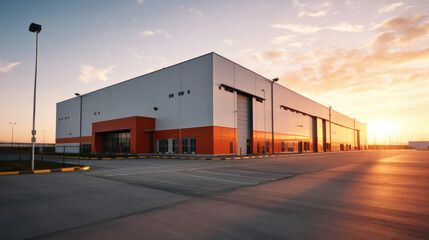 A modern logistics warehouse building structure. - obrazy, fototapety, plakaty