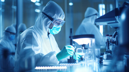A researcher in a protective mask working in a laboratory of a research institute. Creation of innovative medicines and vaccines. Laboratory concept.