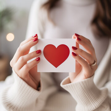 woman holding red heart,  valentine's day, close-up, Woman holding a card