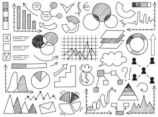 Hand drawn infographics doodle charts, graphs and diagram isolated set vector illustration