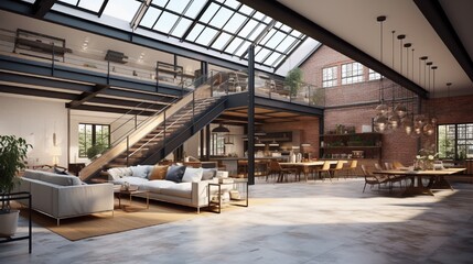 A large industrial warehouse converted into a modern loft space with skylights.