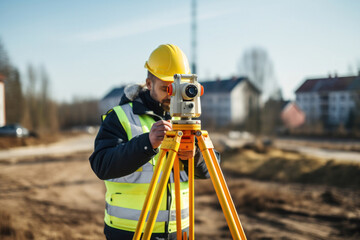 A surveyor builder engineer with theodolite transit equipment at construction site outdoors during surveying work. - obrazy, fototapety, plakaty
