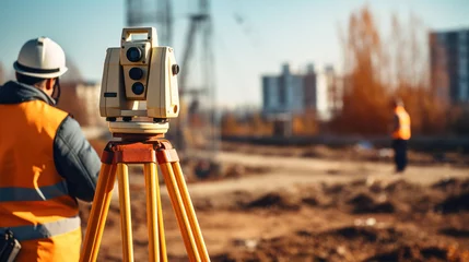 Fotobehang A surveyor builder engineer with theodolite transit equipment at construction site outdoors during surveying work. © tong2530