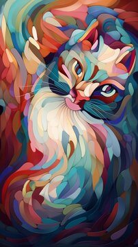 Sassy cat impressionist abstract cubism tiny artwork painting wallpaper image AI generated art